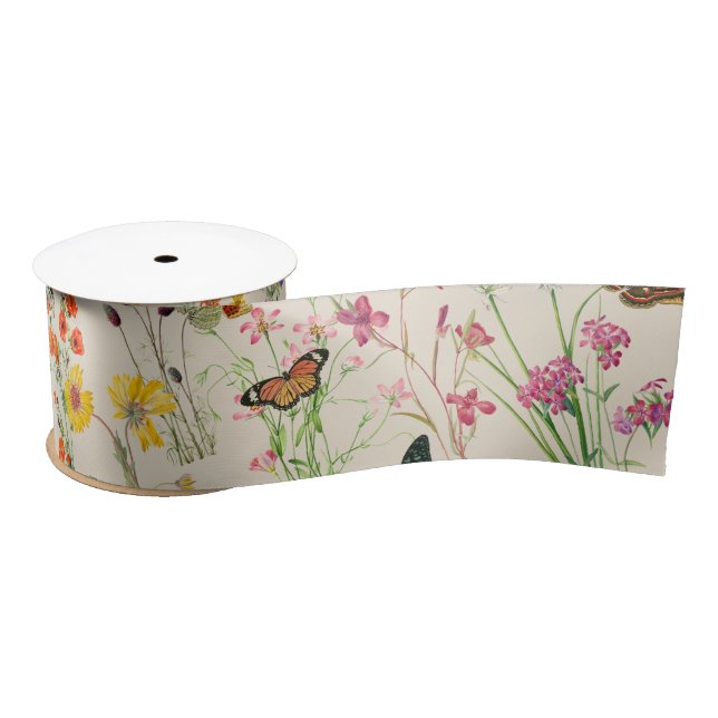 Watercolor Wildflowers & Butterflies Floral Garden Satin Ribbon (Spool)
