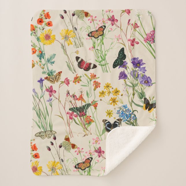 Watercolor Wildflowers & Butterflies Floral Garden Sherpa Blanket (Front)