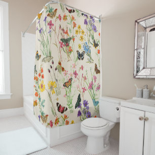 Watercolor Wildflowers & Butterflies Floral Garden Shower Curtain