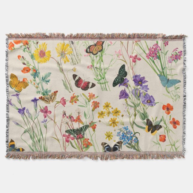 Watercolor Wildflowers & Butterflies Floral Garden Throw Blanket (Front)