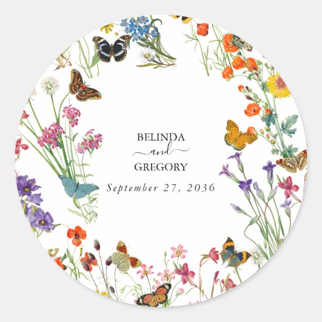 Watercolor Wildflowers Butterflies Floral Wedding Classic Round Sticker (Front)
