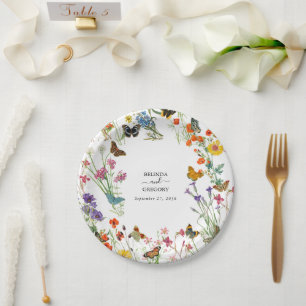 Watercolor Wildflowers Butterflies Floral Wedding Paper Plate