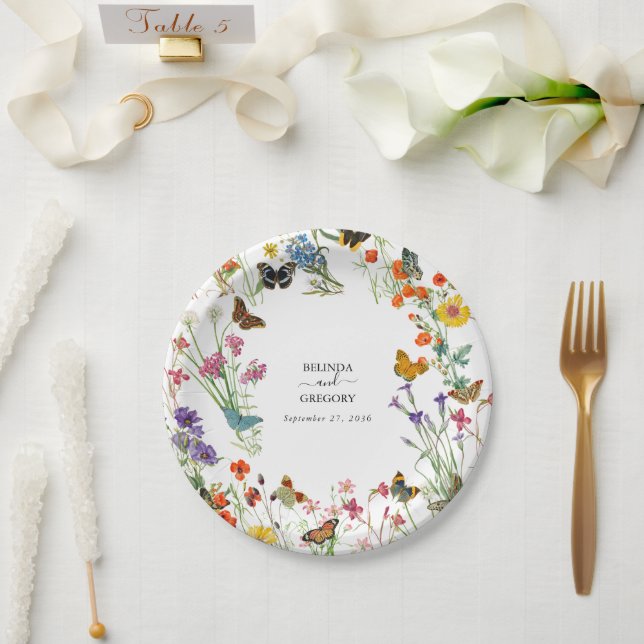 Watercolor Wildflowers Butterflies Floral Wedding Paper Plate (Wedding)