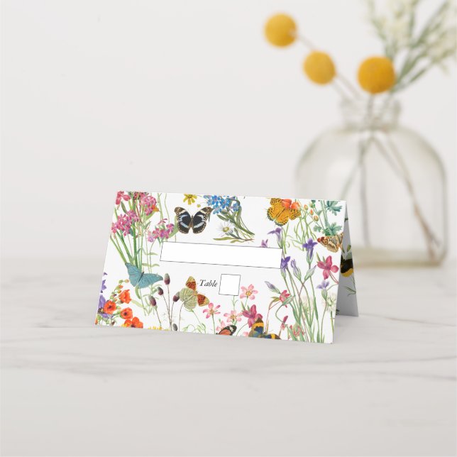 Watercolor Wildflowers Butterflies Floral Wedding Place Card (Front)