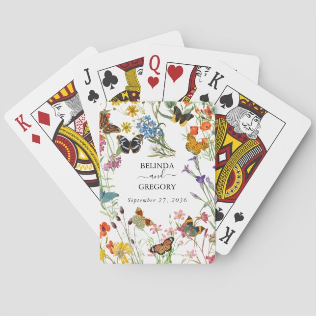 Watercolor Wildflowers Butterflies Floral Wedding Playing Cards (Back)