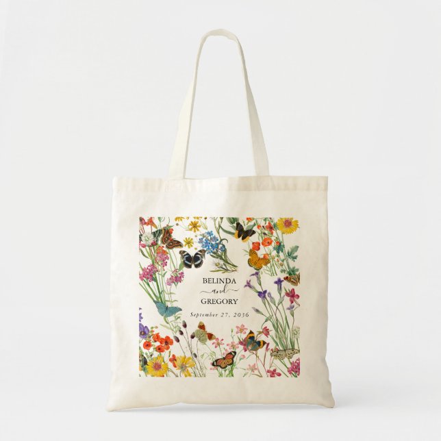 Watercolor Wildflowers Butterflies Floral Wedding Tote Bag (Front)