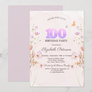Watercolor Wildflowers Butterfly 100th Birthday   Invitation