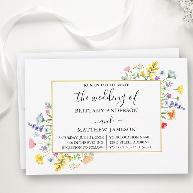 Watercolor Wildflowers Calligraphy Wedding Invitation (Customize to change text size, color, style or add more text to back of card.)