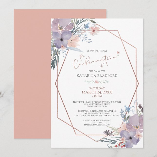 Watercolor Wildflowers Copper Blush Confirmation Invitation (Front/Back)