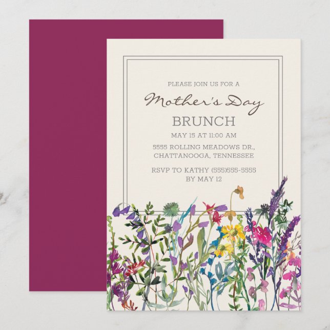 Watercolor Wildflowers Cream Purple Mother's Day Invitation (Front/Back)