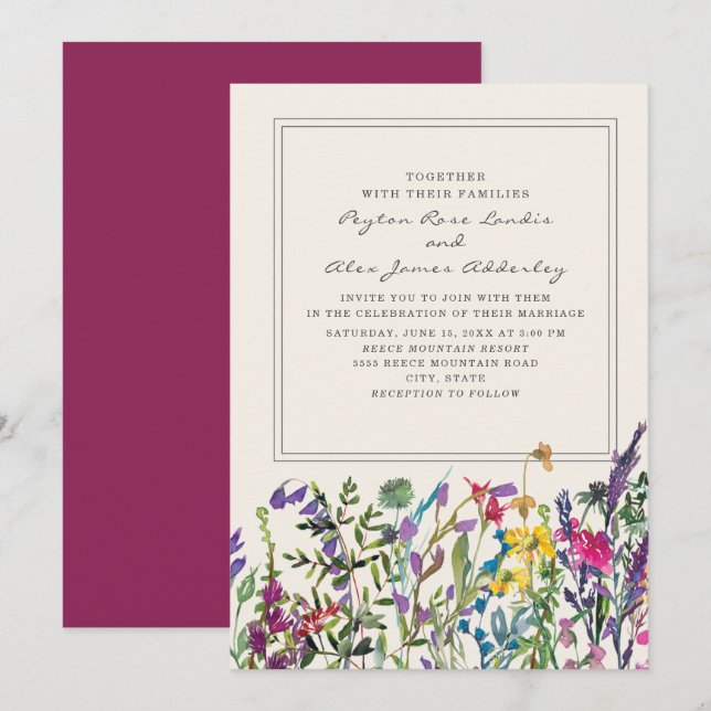 Watercolor Wildflowers Cream Purple Wedding Invitation (Front/Back)