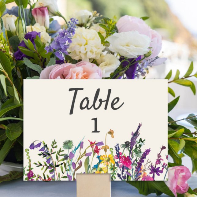 Watercolor Wildflowers Cream Purple Wedding Table Number (Watercolor wildflowers wedding reception table number)