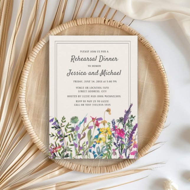 Watercolor Wildflowers Cream Rustic Wedding  Invitation (Wildflower wedding rehearsal dinner invitation)