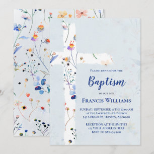 watercolor wildflowers cross Baptism  Invitation
