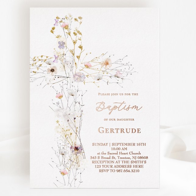watercolor wildflowers cross Baptism Invitation (Creator Uploaded)