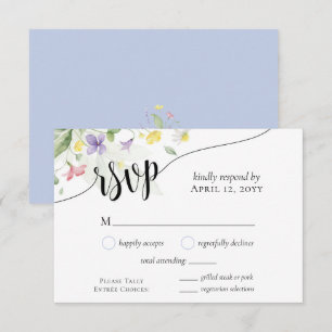 Watercolor Wildflowers Dinner Choice Blue Wedding RSVP Card
