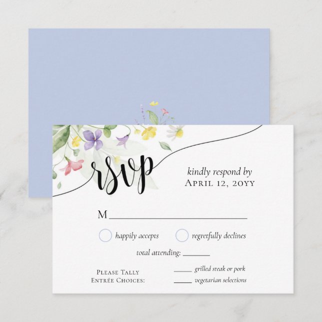 Watercolor Wildflowers Dinner Choice Blue Wedding RSVP Card (Front/Back)