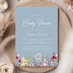 Watercolor Wildflowers Dusty Blue Baby Shower Invitation