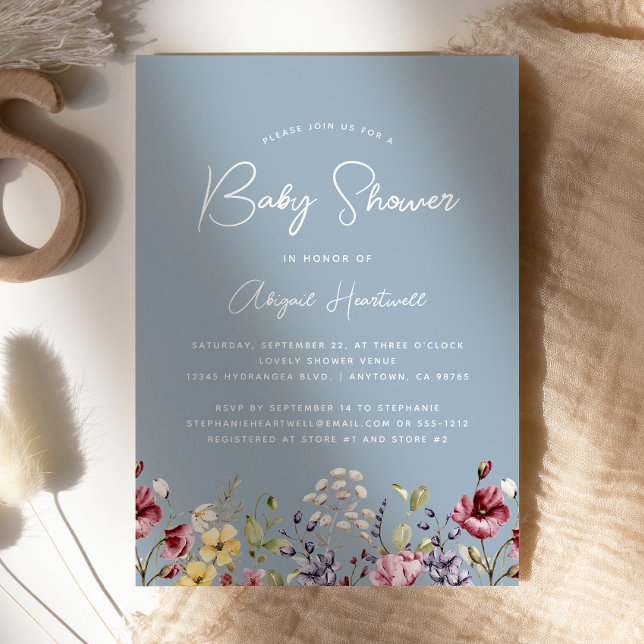 Watercolor Wildflowers Dusty Blue Baby Shower Invitation (Creator Uploaded)