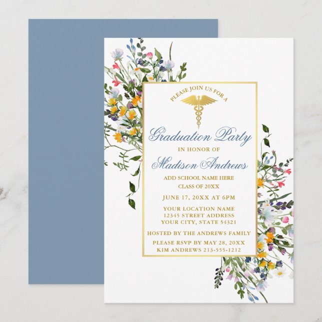 Watercolor Wildflowers Dusty Blue Nurse Grad Party Invitation (Front/Back)