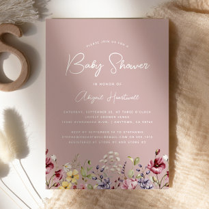 Watercolor Wildflowers Dusty Rose Baby Shower Invitation