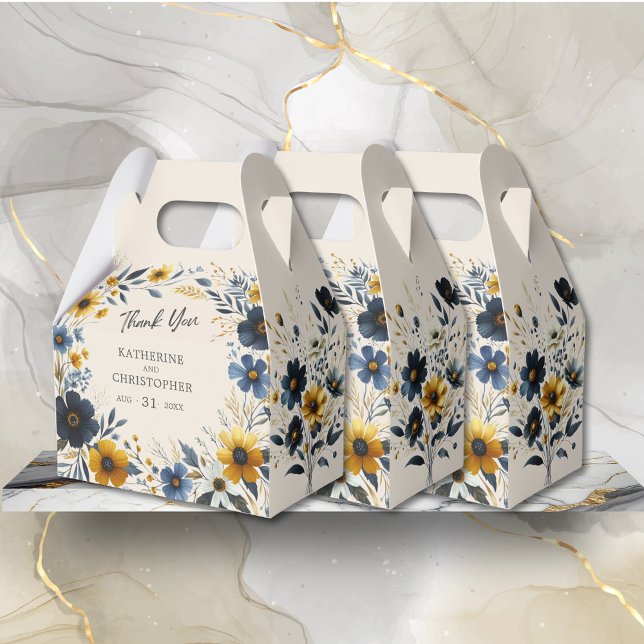 Watercolor Wildflowers Elegant Beige Wedding Favour Box (Watercolor Wildflowers Elegant Wedding Thank You Favor Box with Blue and Yellow Wildflowers.)