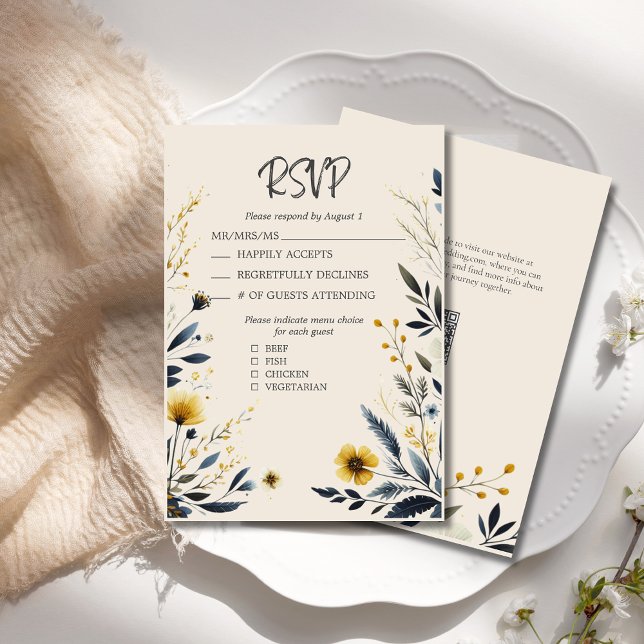 Watercolor Wildflowers Elegant Beige Wedding RSVP Card (Watercolor Floral Wedding RSVP Card with Menu Options, QR Code, Blue and Yellow Wildflowers.)