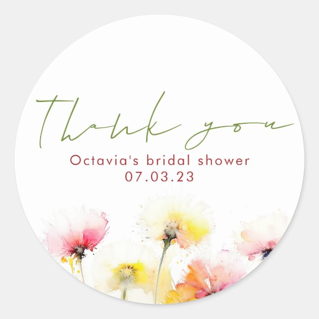 Watercolor Wildflowers Elegant Cute Thank You Classic Round Sticker (Front)