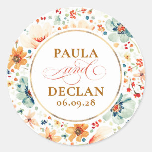 Watercolor Wildflowers Elegant Fall Wedding Classic Round Sticker