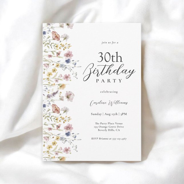 Watercolor Wildflowers Floral 30th Birthday Party Invitation (Available in both printed and instant download digital formats.)