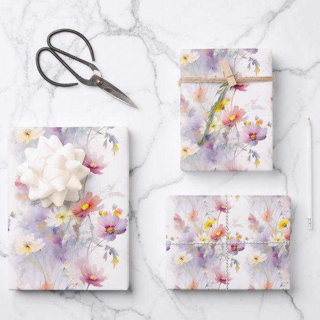 Watercolor Wildflowers Floral Elegant Wrapping Paper Sheet (Front)