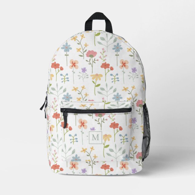 Watercolor Wildflowers Floral Pattern Monogram Printed Backpack (Front)
