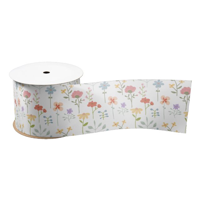 Watercolor Wildflowers Floral Pattern Satin Ribbon (Spool)