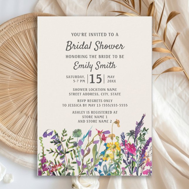 Watercolor Wildflowers Floral Purple Bridal Shower Invitation (Watercolor wildflower bridal shower invitation)
