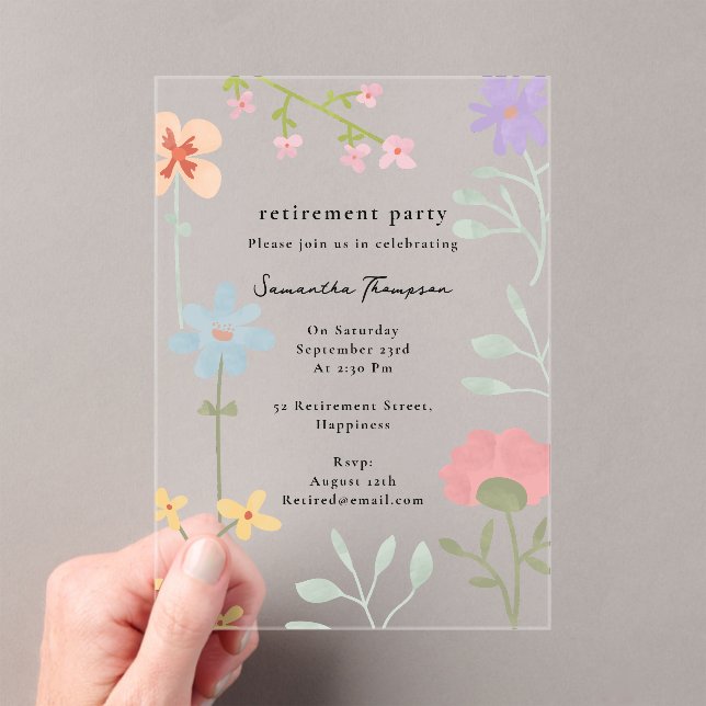 Watercolor Wildflowers Floral Retirement Party Acrylic Invitations (Insitu (Handheld))