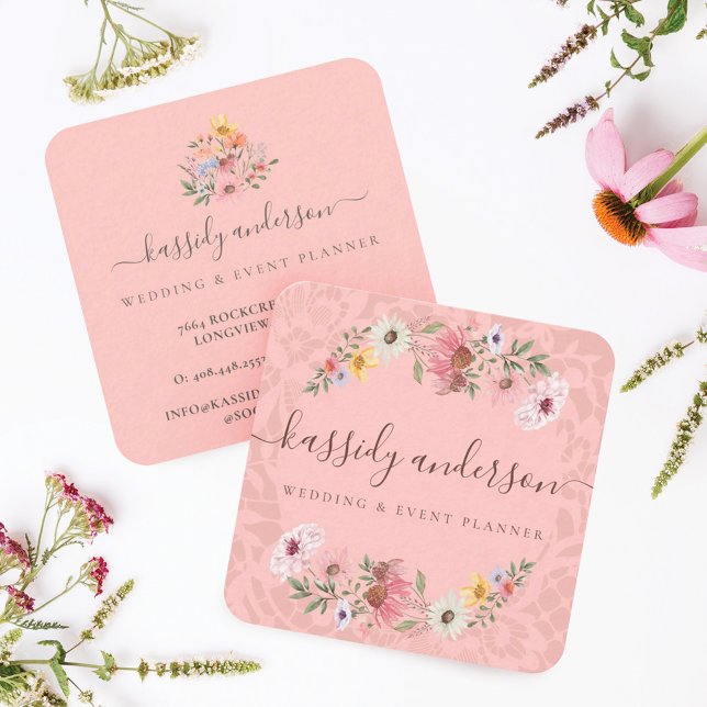 Watercolor Wildflowers Floral Wreath Pink Square Business Card (Creator Uploaded)