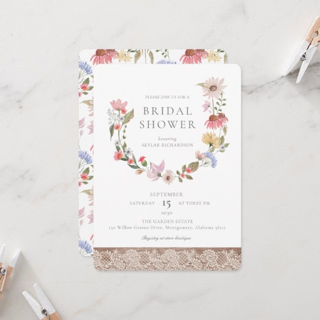 Watercolor  Wildflowers & Foliage Bridal Shower Invitation (Front/Back In Situ)