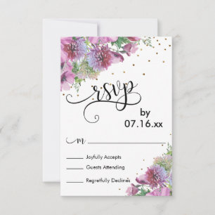 Watercolor Wildflowers, Gold Confetti, Script RSVP Card