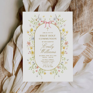Watercolor Wildflowers Gold Cross First Communion Invitation
