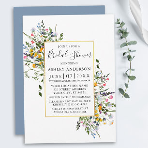 Watercolor Wildflowers Gold Dusty Blue Shower Invitation