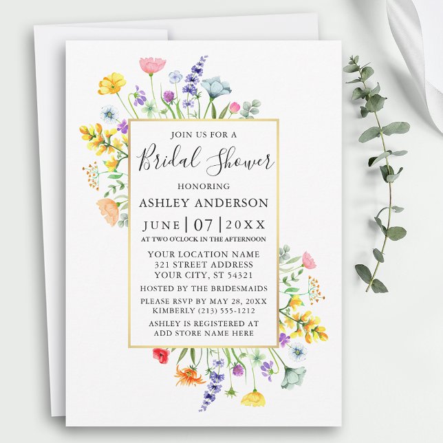 Watercolor Wildflowers Gold Frame Bridal Shower Invitation (Customize to change text size, color, style or add more text to back of card.)