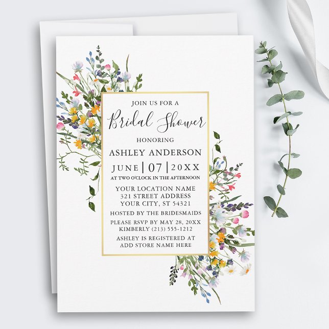 Watercolor Wildflowers Gold Frame Bridal Shower Invitation (Customize to change text style or text size.)