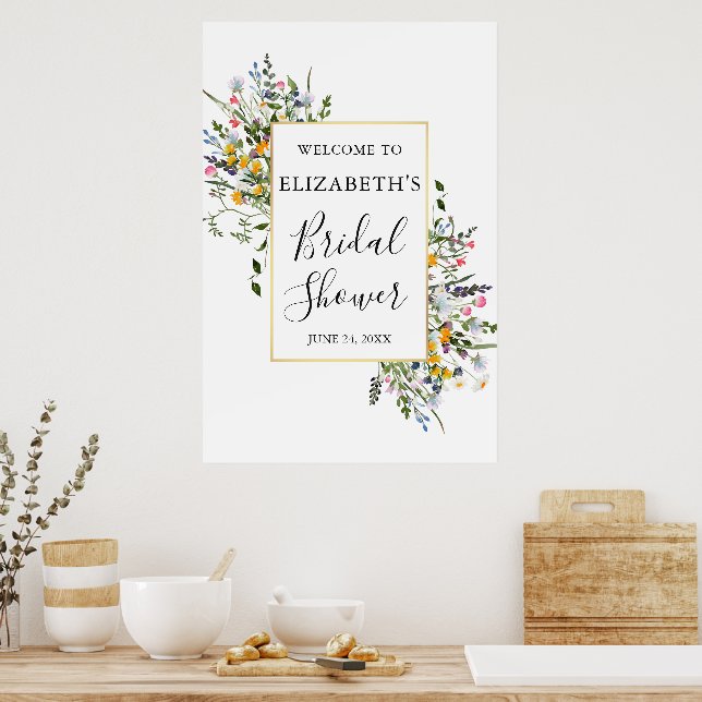 Watercolor Wildflowers Gold Frame Bridal Shower Poster (Kitchen)