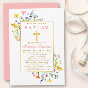 Watercolor Wildflowers Gold Pink Baptism Invitation