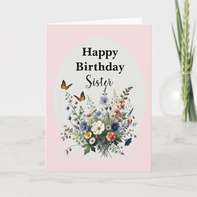 Watercolor Wildflowers Happy Birthday Sister Card (Front)