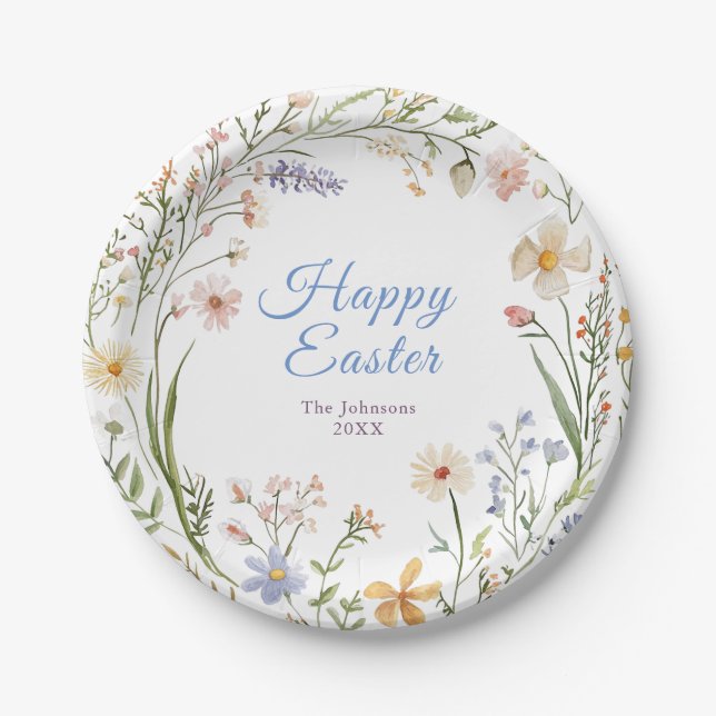 Watercolor wildflowers Happy Easter  Paper Plate (Front)