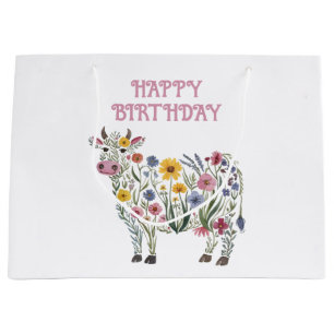 Watercolor Wildflowers in the shape of a Cute Cow Large Gift Bag