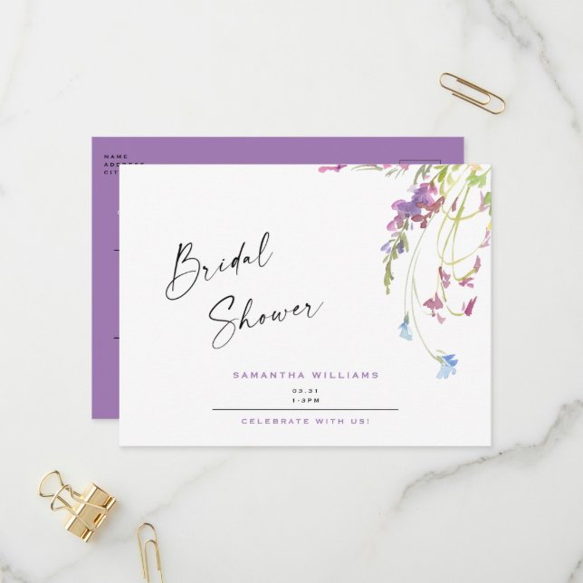 Watercolor Wildflowers Lavender Bridal Shower Invitation Postcard (Front/Back In Situ)