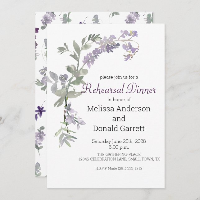 Watercolor Wildflowers Lavender Rehearsal Dinner Invitation (Front/Back)