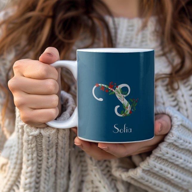 Watercolor wildflowers letter blue coffee mug (Creator Uploaded)